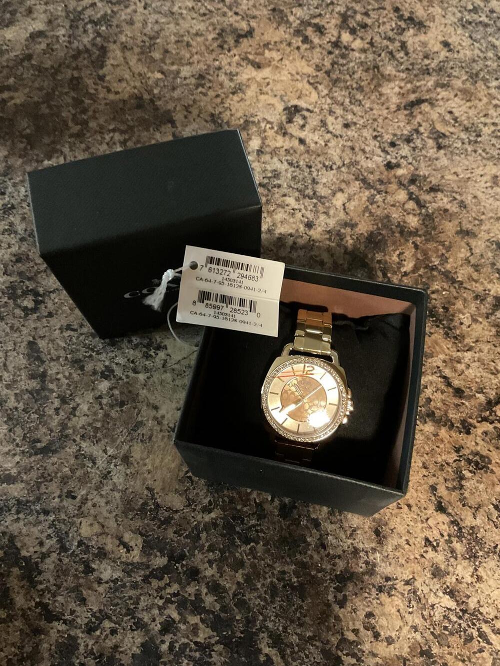 COACH Boyfriend Gold Tone Watch 14503141 Crystal Bezel Signature C Dial + Box